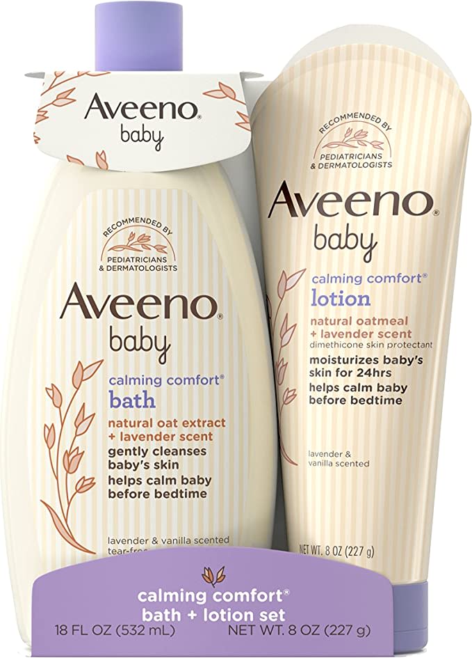 Aveeno Baby Calming Comfort Bath & Lotion Set, Night time Baby Skin Care Products with Natural Oat Extract, Lavender & Vanilla Scents, Paraben-Free, 2 Items
