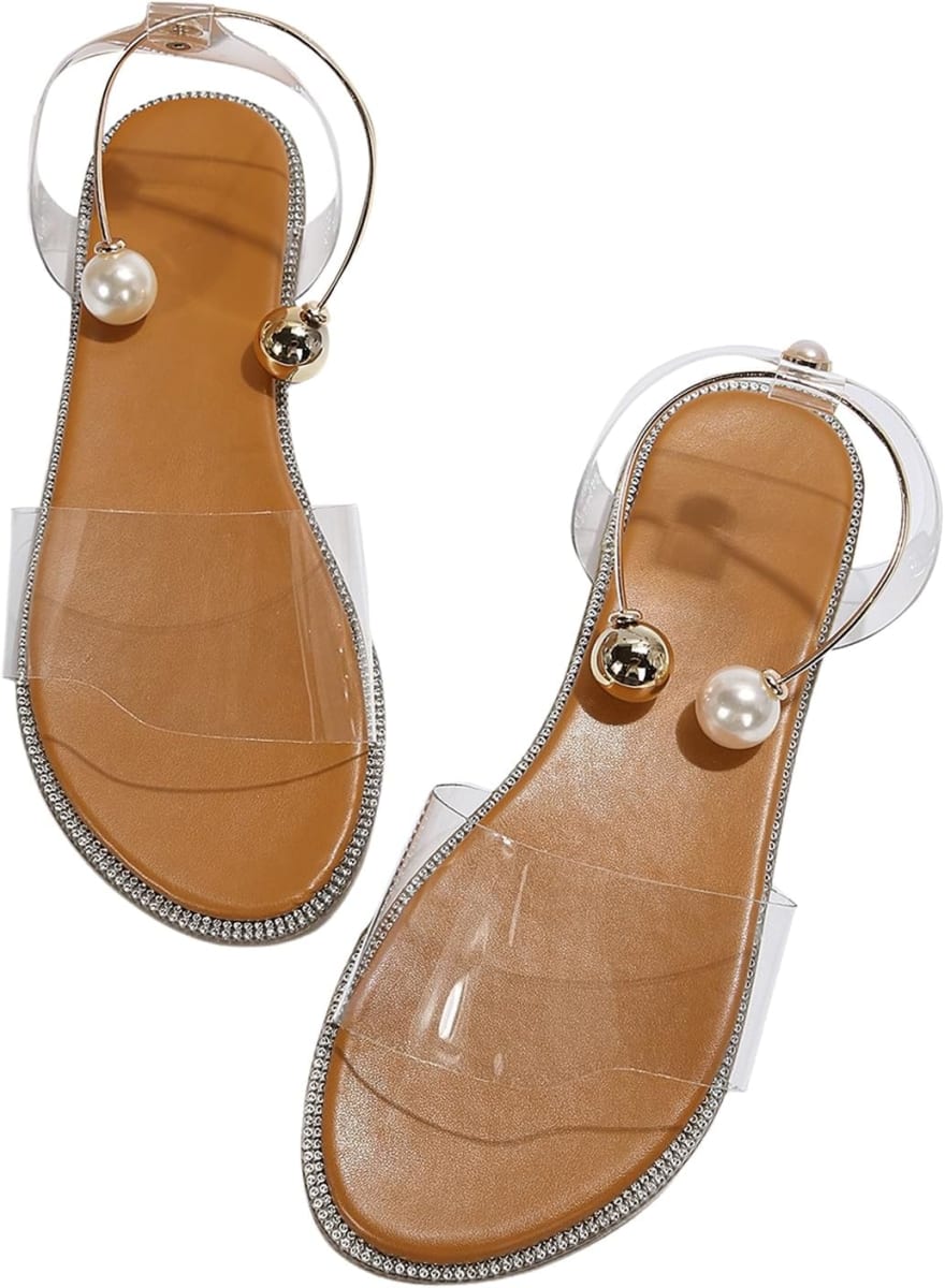 Oyoangle - Pearl Decor Clear Straps Flat Sandals