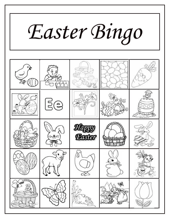 Easter-themed bingo with Easter-related images and words