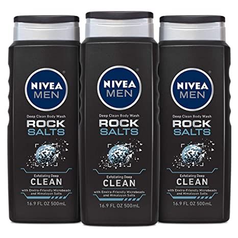NIVEA MEN Deep Clean Rock Salts Body Wash, Exfoliating Rock Salt Body Wash, 3 Pack of 16.9 Fl Oz Bottles