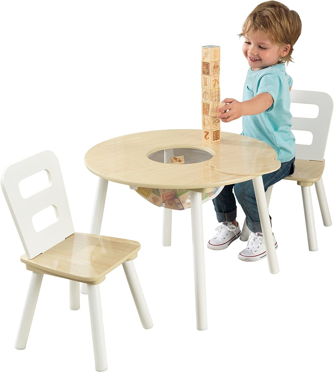 Wooden Round Table & 2 Chair Set with Center Mesh Storage - Natural & White, Gift for Ages 3-6 23.5 x 23.5 x 17.3
