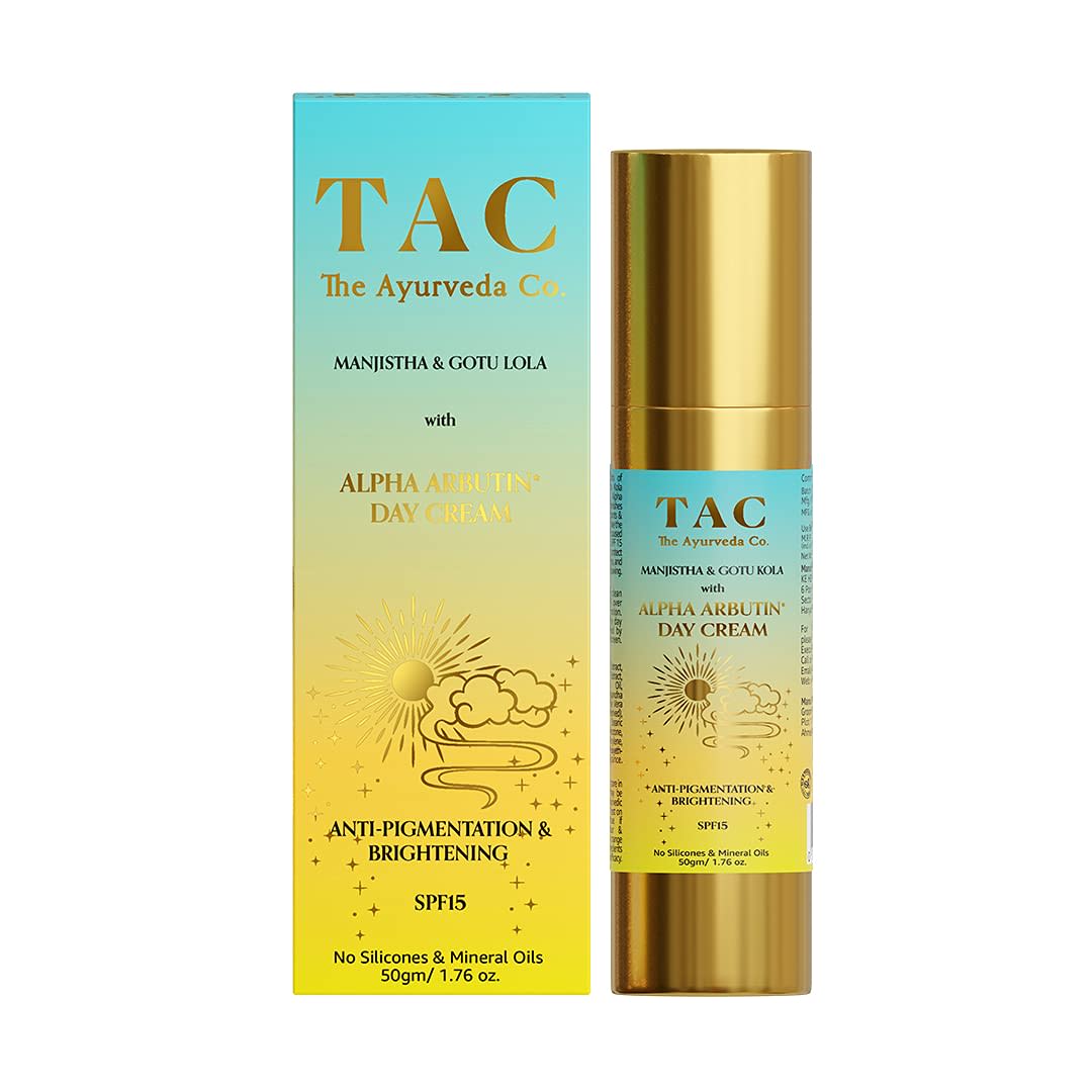 TAC - The Ayurveda Co. Face Day Cream with Manjishtha, Gotukola & Natural Alpha Arbutin, SPF 15+, No Silicones & Mineral Oil For Anti-Pigmentation, Skin Brightening & Moisturization - 50gm