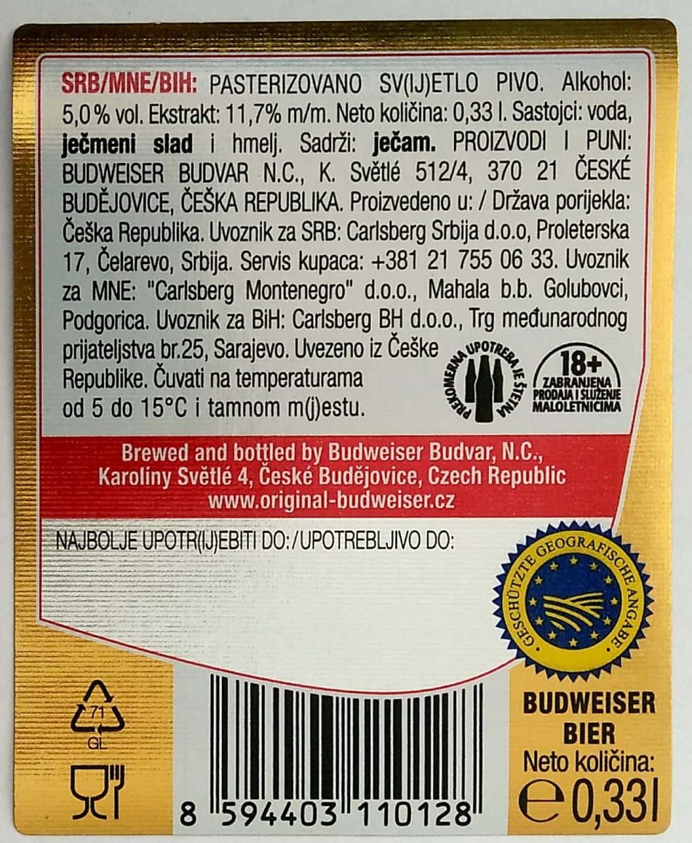 Budweiser Budvar B ORIGINAL Czech Imported Lager 0,33l SRB, MNE, BIH Etk. B