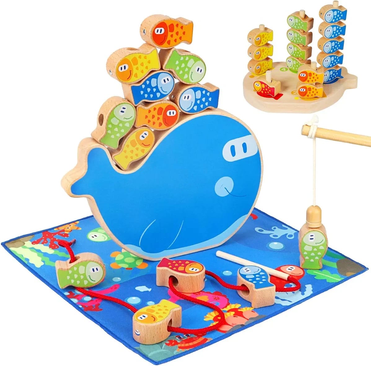 Wooden Magnetic Fishing Game 4 in 1 Sorting & Stacking Fine Motor Skills Toys for Kids Learning