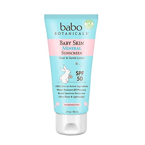Babo Botanicals Baby Skin Mineral Sunscreen Lotion SPF 50 Broad Spectrum - with 100% Zinc Oxide Active – Fragrance-Free, Water-Resistant, Ultra-Sheer & Lightweight - 3 fl. oz.