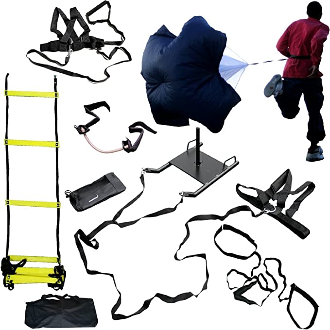Cross Training Bundle KIT (5 PC Set)- 20 FT Agility Ladder, XL Resistance Parachute, Power Sled, Lateral Side Stepper, and Dual Resistance Band
