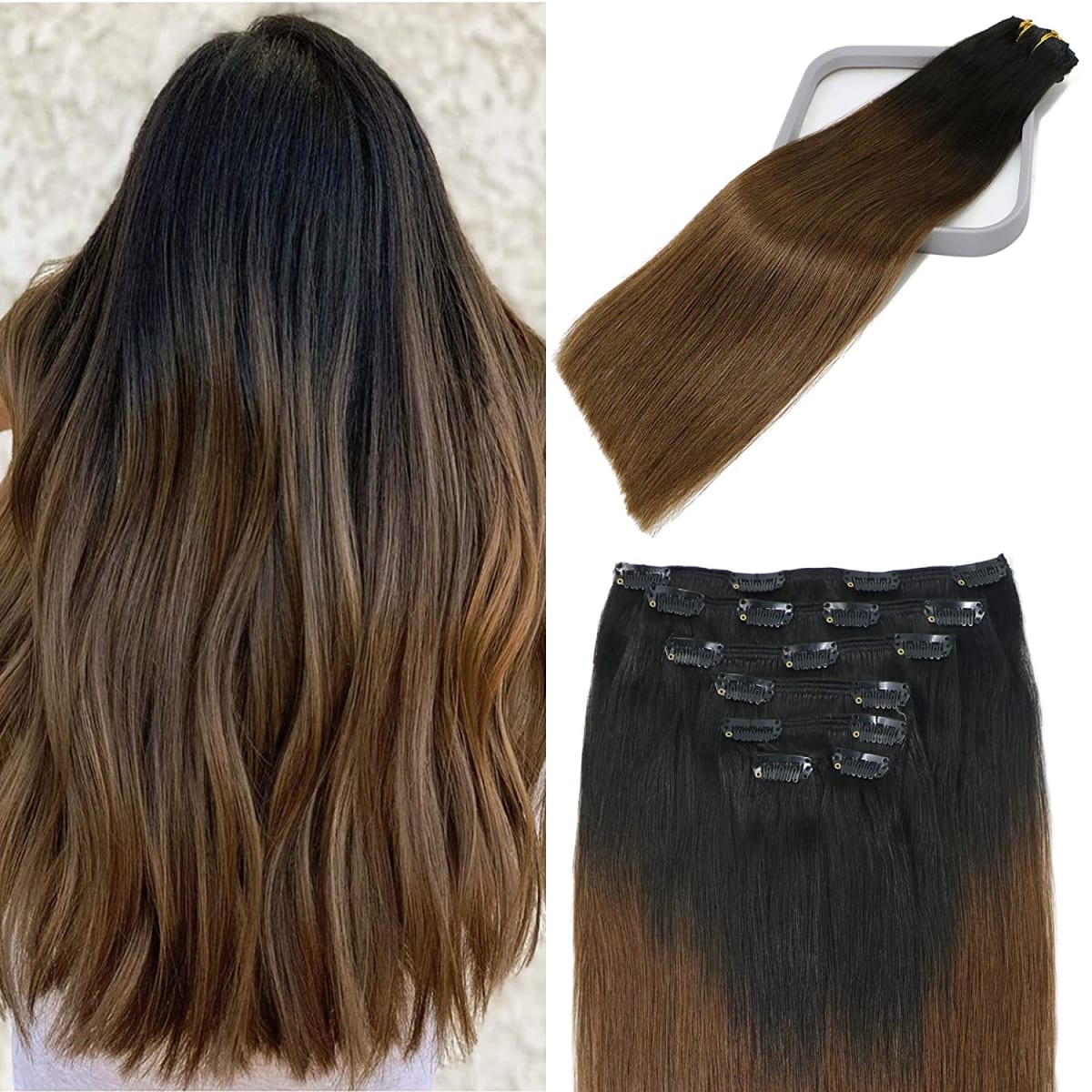 Clip in Hair Extensions Human Hair Balayage Ombre Golden Brown Mixed With Platium Blonde Clip In Human Hair Extensions 16Inch Clips Thick Full Head Fine Hair 120 Gram 7PCS