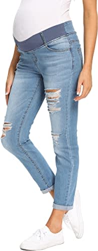 Maternity Jeans Women's Ripped Boyfriend Jeans Cute Distressed Jeans Stretch Skinny Maternity Pants with Hole