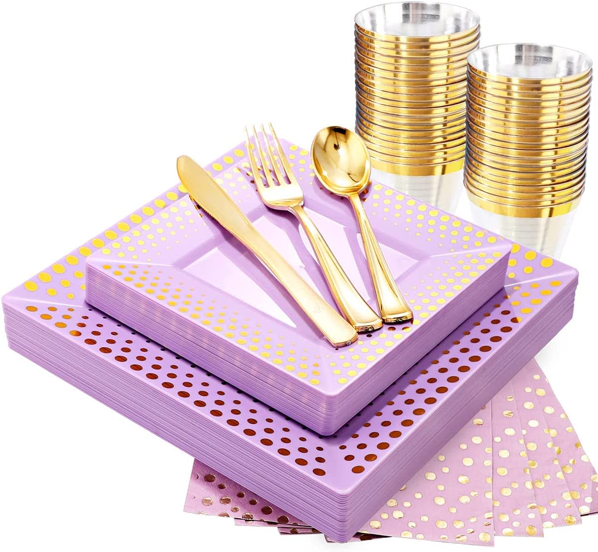 Purple Plastic Plates with Gold Dot &Gold Disposable Silverware