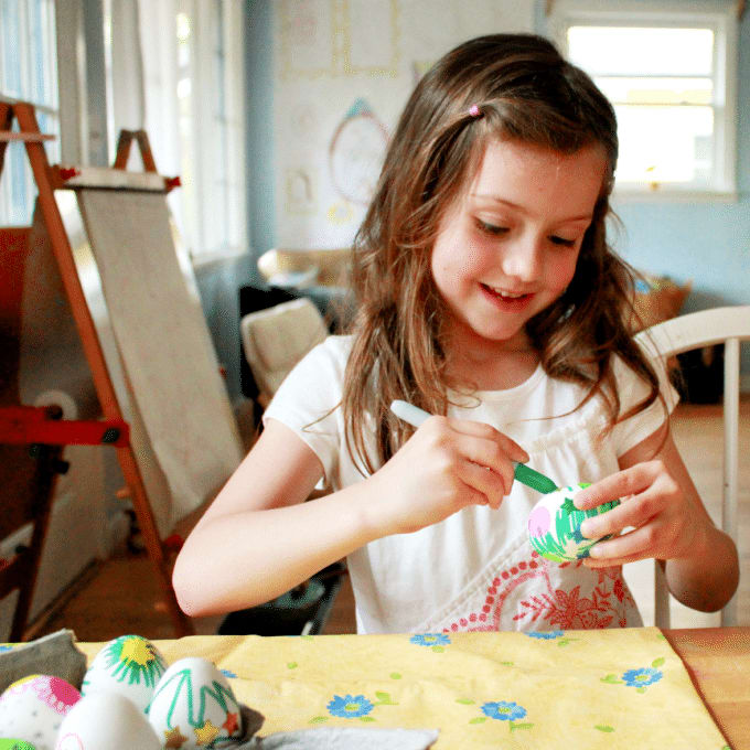 Egg decorating with paint, markers, stickers