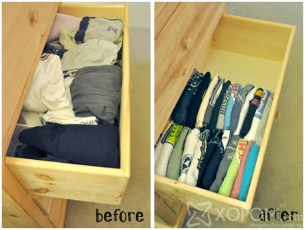 To save and make room for more clothes, stack your clothes vertically inside your drawers.
