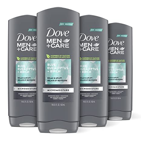 Dove Men+Care Mens Body Wash Dry Skin Body Wash with Micromoisture, Blue Eucalyptus and Birch Effectively Washes Away Bacteria While Nourishing Your Skin 18 oz 4 Count