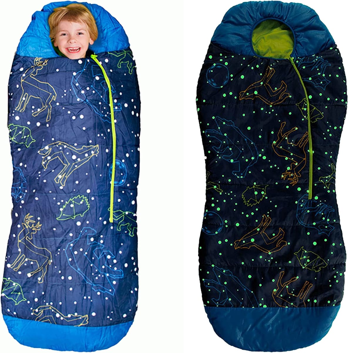 Glow in The Dark Mummy Sleeping Bag for Kids and Youth, Temperature Rating 30°F/-1°C, Water-Resistant for Camping, Hiking, and Slumber Party