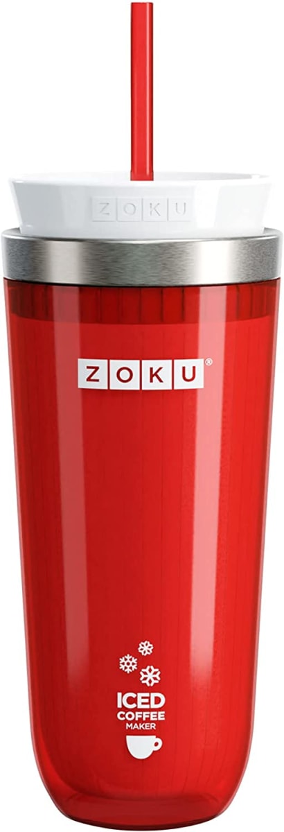 Zoku Instant Iced Coffee Maker, Reusable Beverage Chiller Cools Hot Beverages in Minutes Without Dilution, Portable 11-ounce Tumbler With Spill-resistant Lid and Straw, Red