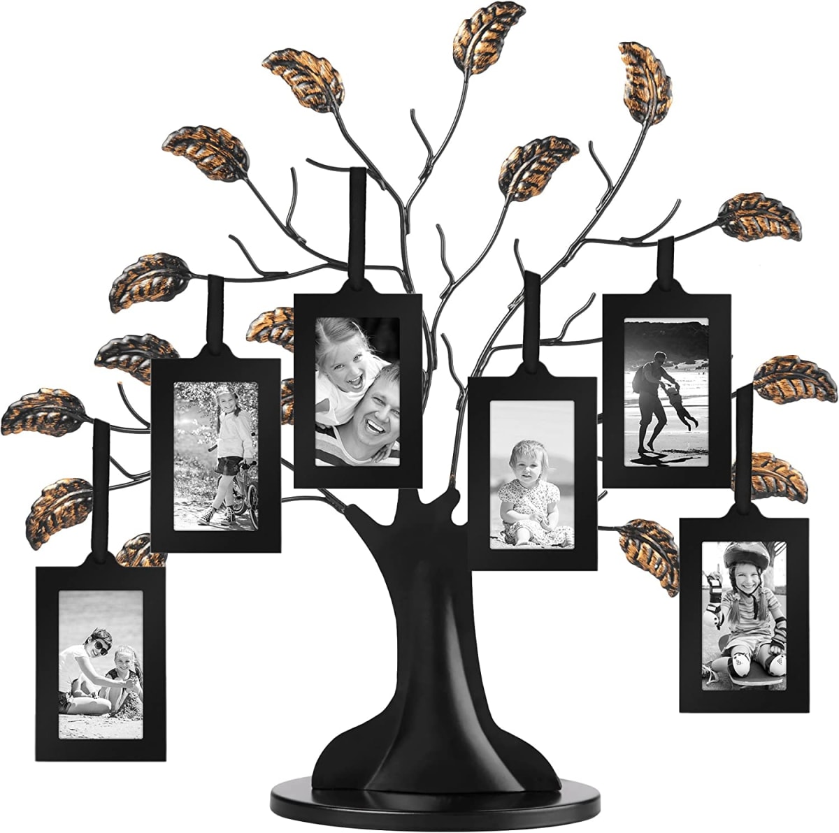 Bronze Family Tree with 6 Hanging Picture Frames 2" x 3" in Black and Adjustable Ribbon Tassels - 12"