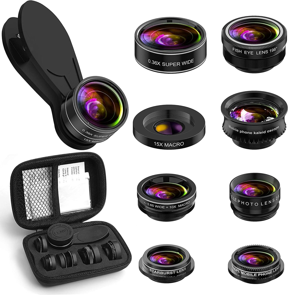 Phone Camera Lens Kit, 9 in 1 Zoom Universal Telephoto Lens+198° Fisheye lens + 0.36 Super Wide Angle Lens + 0.63X Wide Lens +20X Macro Lens + 15X Macro Lens + CPL + Kaleidoscope Lens + Starburst Lens