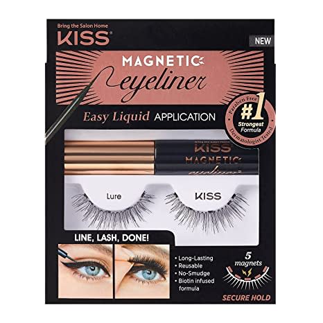 KISS Magnetic Eyeliner & Lash Kit, Lure, 1 Pair of Synthetic False Eyelashes With 5 Double Strength Magnets and Smudge Proof, Biotin Infused Black Magnetic Eyeliner with Precision Tip Brush