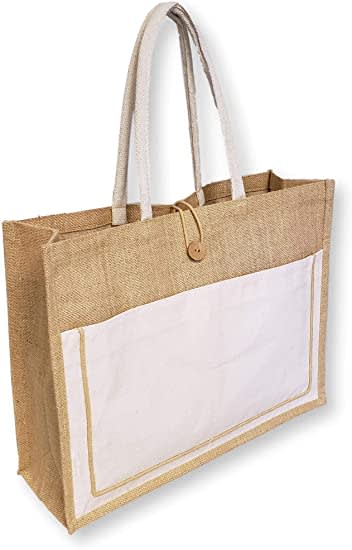 Vintage Style Jute with Cotton Pocket Reusable Large Tote Grocery Shopping Bag