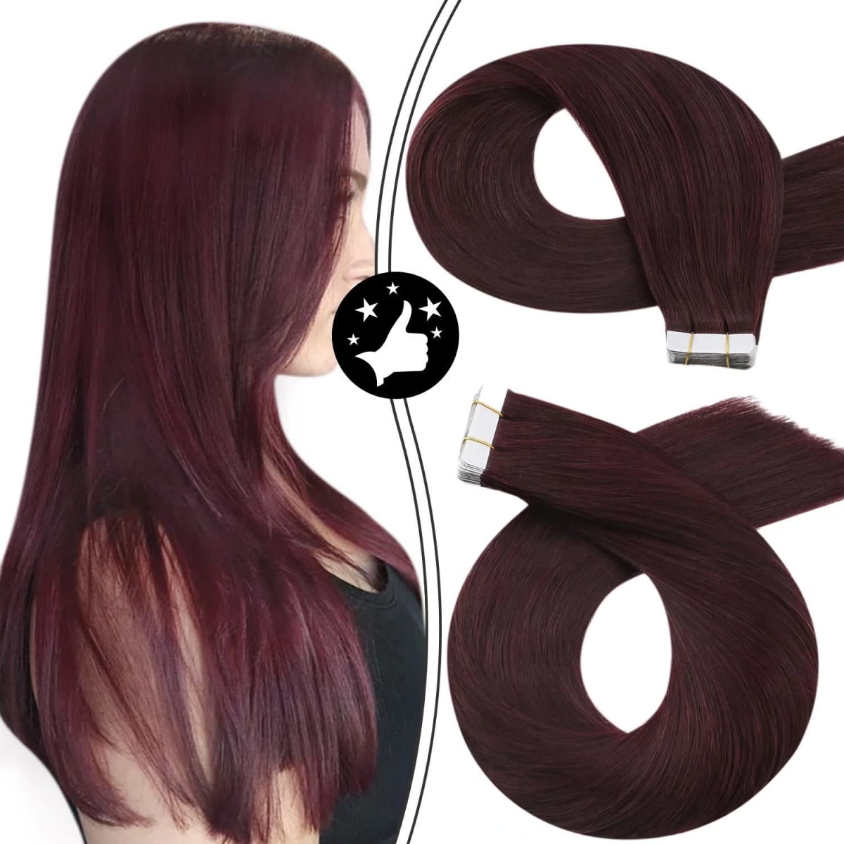 Moresoo Burgundy Hair Extensions Tape in Human Hair Extensions 16 Inch Remy Tape in Hair Glue on 20pcs Solid Color #99J Wine Red Glue in Double Sided Tape in Real Hair 50g