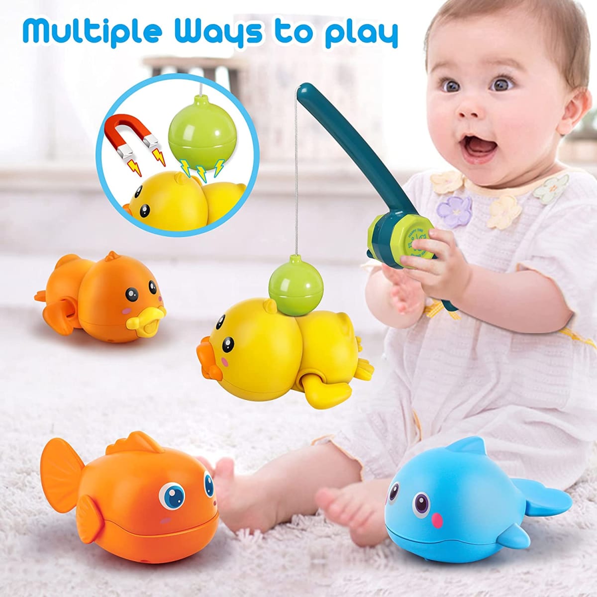 Bath Toys Magnetic Fishing Games Baby Bath Toys, Wind-up Swimming Fish Duck Whale Toys Floating Pool Bathtub Tub Toys for Toddlers Kids Infant Age 18 Months and up Girl Boy