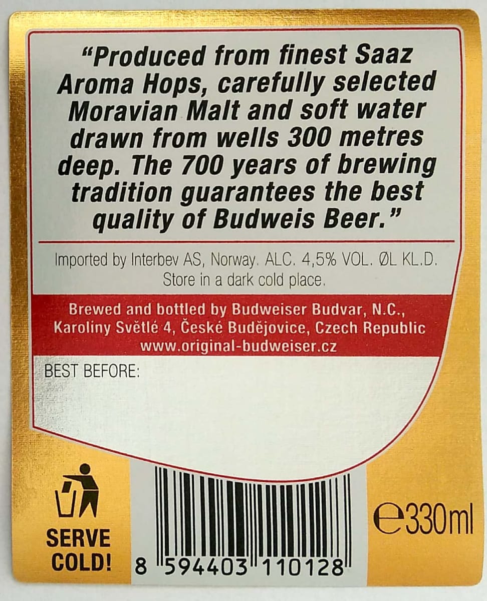 Budweiser Budvar B ORIGINAL Czech Imported Lager 0,33l NOR Etk. B
