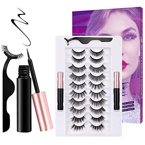 Magnetic Eyelashes with Eyeliner Kit, Reusable 3D 5D Magnetic Lashes, Upgraded False Lashes Kit with Lash Tweezers Inside, Suitable for Daily Wedding Party (10 Pairs)