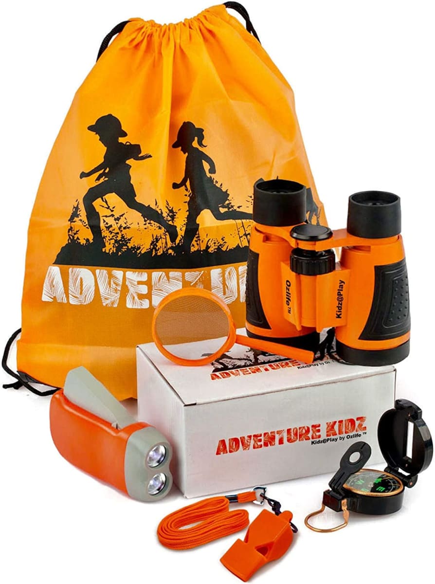 Adventure Kidz - Outdoor Exploration Kit, Children’s Toy Binoculars, Flashlight, Compass, Whistle, Magnifying Glass, Backpack. Great Kids Gift Set for Camping, Hiking, Educational and Pretend Play.