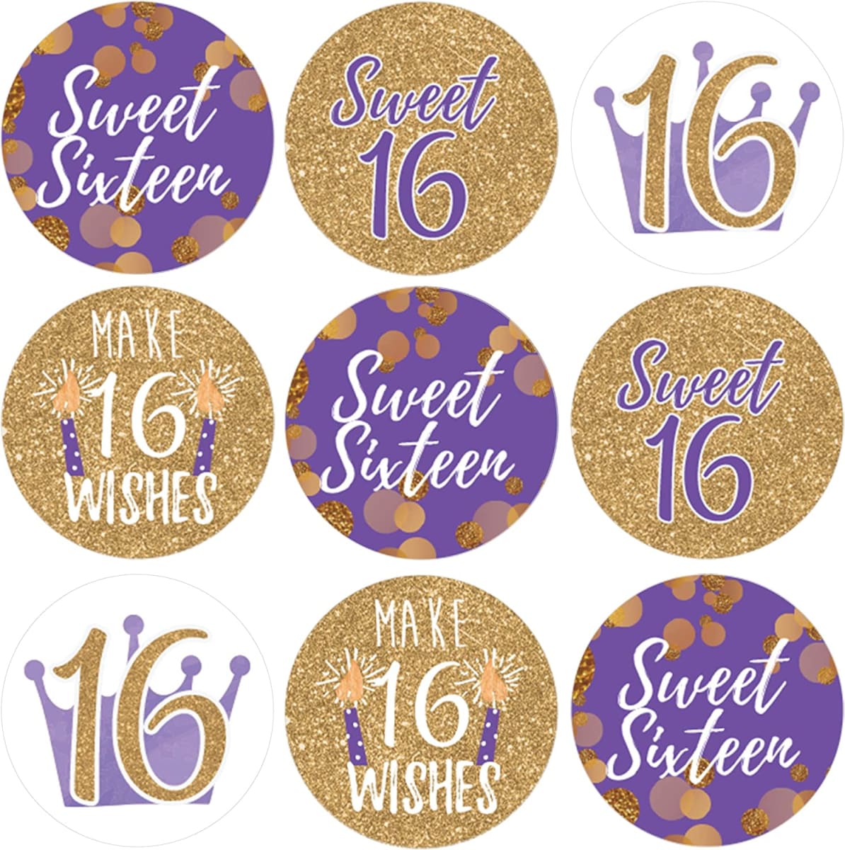 Purple and Gold Sweet Sixteen Kisses Candy Stickers