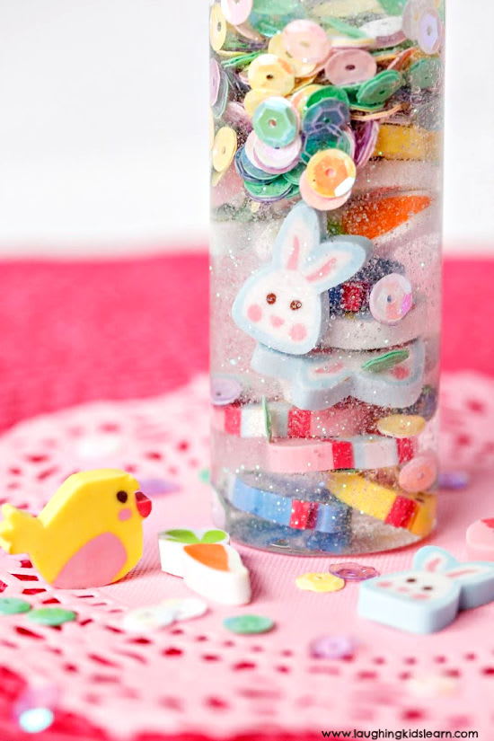 Create an Easter-themed sensory bottle with glitter and plastic eggs