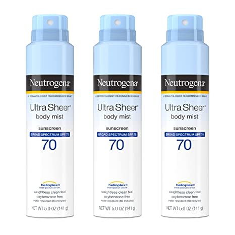 Neutrogena Ultra Sheer Body Mist Sunscreen Spray Broad Spectrum SPF 70, Lightweight, Non-Greasy & Water Resistant, Oil-Free & Non-Comedogenic UVA/UVB Sunscreen Mist, 5 oz (Pack of 3)