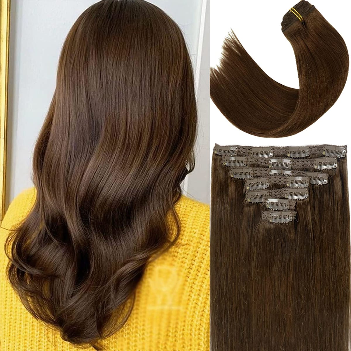 Lacer Hair Extensions Clip In Real Human Hair Extensions 140g 7 Pieces Silky Straight Weft Remy Human Hair Clip in Hair Extensions Chocolate Brown #4 20 Inch