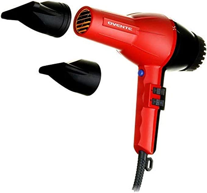 Ovente 2200 Watt Professional Hair Dryer, Ionic & Tourmaline Technology, Ideal for Body, Volume & Smoothing, Comes w/ 2 Concentrator Nozzle Attachments, Lightweight for Home & Travel, Black & Red 3600