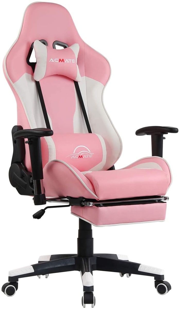 Acmate Girl Gaming Chair Massage Gaming Computer Chair with Footrest Reclining Home Office Chair Racing Style Gamer Chair High Back Gaming Desk Chair with Headrest and Lumbar Support