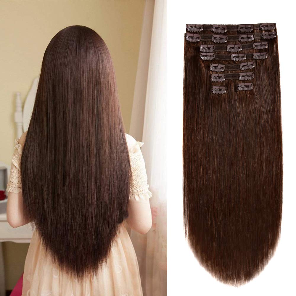 Human Hair Clip in Extensions,120g 8pcs Clip in Human Hair Extensions Straight Remy Hair Clip In Extensions #2 Dark Brown 22inch Long Real Hair Clip In Extensions
