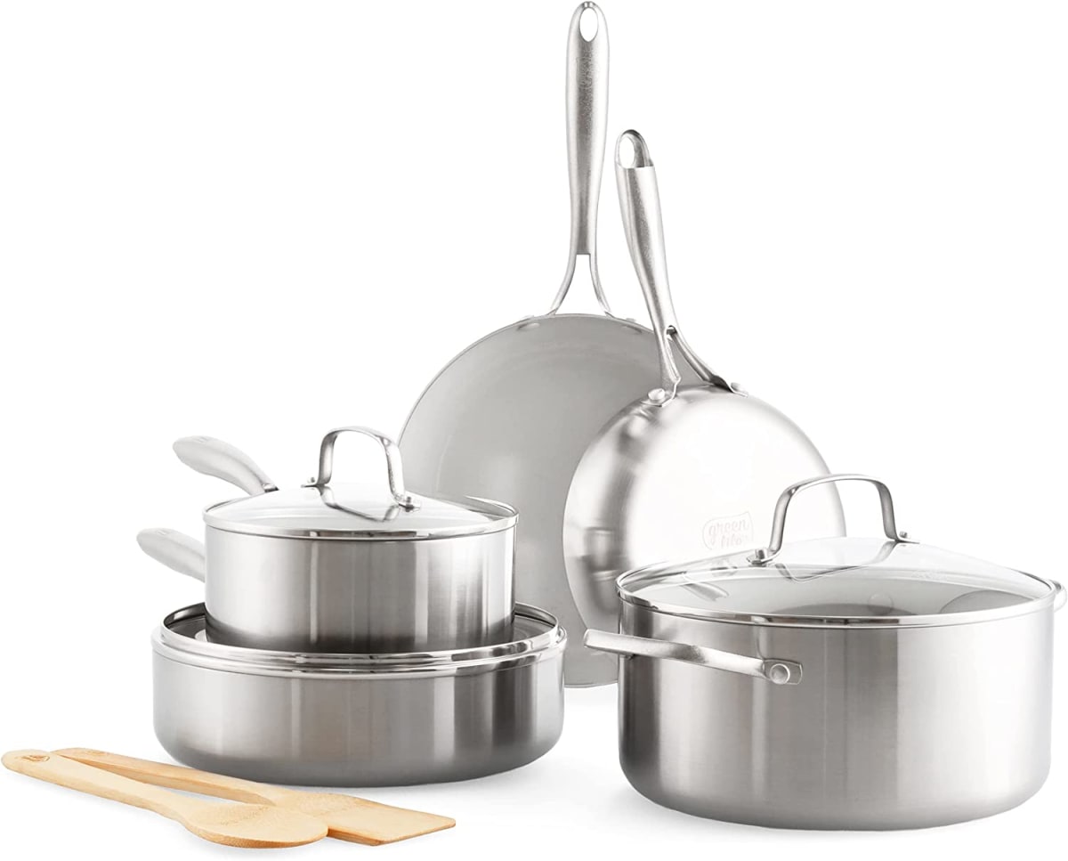 GreenLife Tri-Ply Stainless Steel Healthy Ceramic Nonstick, 10 Piece Cookware Pots and Pans Set