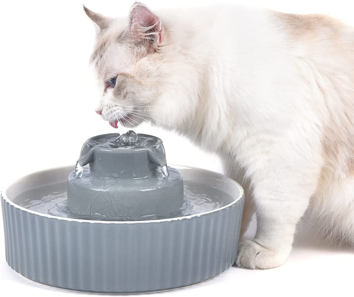 Cepheus 360 Ceramic Pet Fountain, Advanced Porcelain Cat Water Fountain, 70 oz.Drinking Fountains Bowl for Cat and Dogs with Replacement Filters and Foam (White)