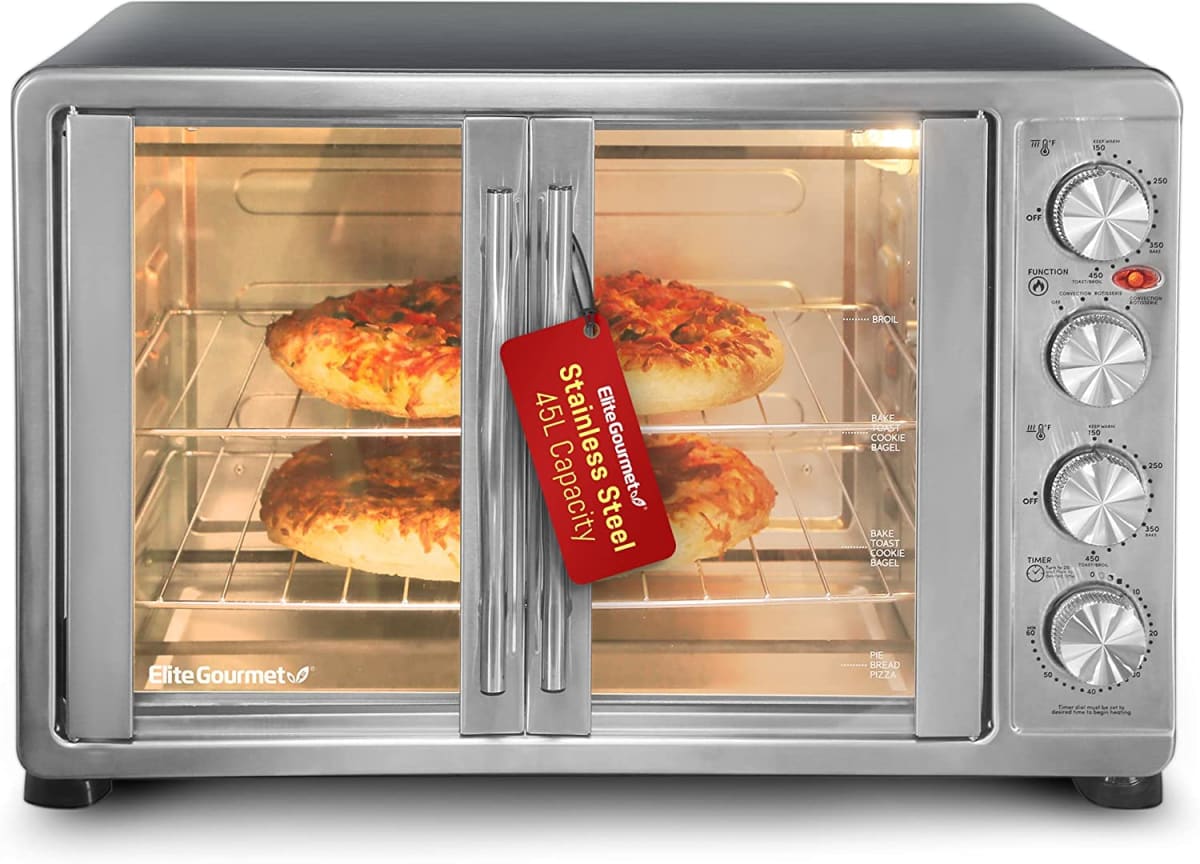 Elite Gourmet ETO-4510M French Door 47.5Qt, 18-Slice Convection Oven 4-Control Knobs, Bake Broil Toast Rotisserie Keep Warm,