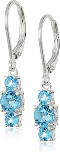 Sterling Silver Genuine and Created Gemstone Three Stone Birthstone Leverback Dangle Earrings