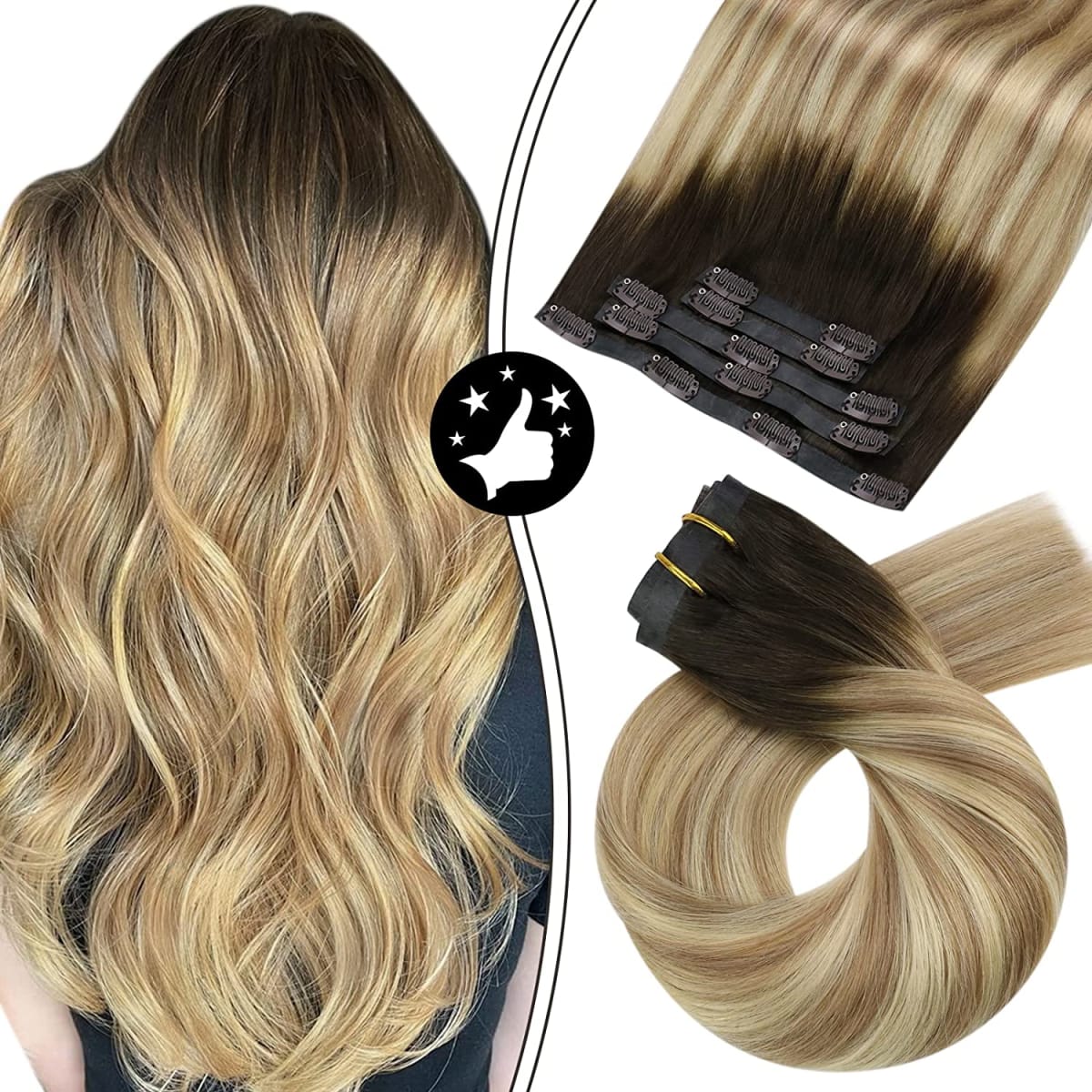 Moresoo Human Hair Extensions Clip in Balayage Hair Extensions 20inch Ultra-thin PU Weft Hair Extensions Color #3/8/22 Real Remy Sliky Hair Seamless Clip in Hair Extensions 7Pieces/120Grams