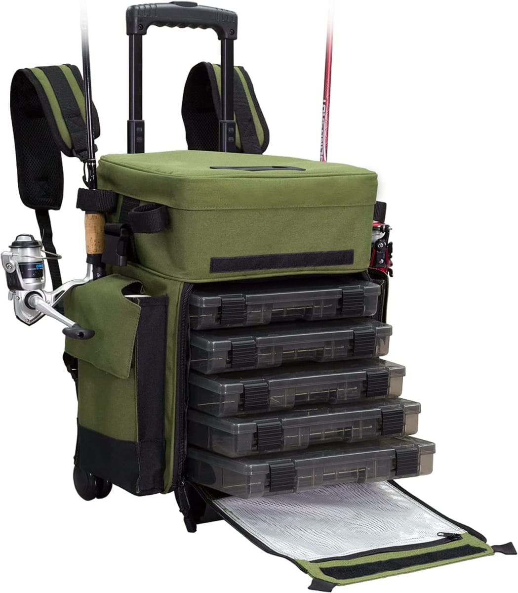 Rolling Tackle Box with Wheels - Waterproof Rolling Fishing Backpack, 5 Removable Tackle Trays, 4 Rod Holders, Fishing Gifts for Men, Fish Tackle Bag, Roller Tackle Box