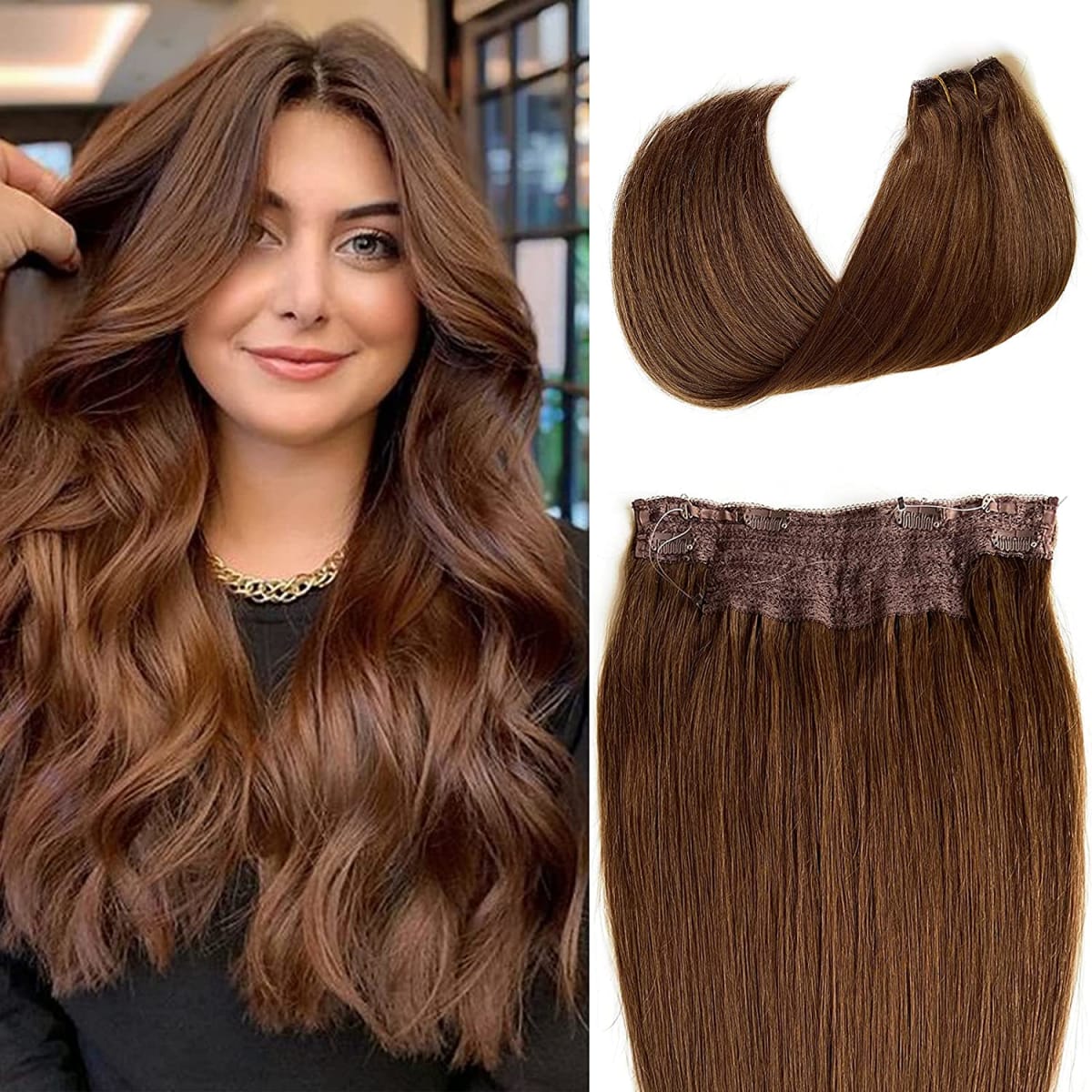 Hair Extensions Human Hair Chocolate Brown Remy Hair Extensions Invisible Wire Hair Extensions for Women One Piece Straight Real Human Hair Filp on Secret Hair Extensions 22 inch 100G