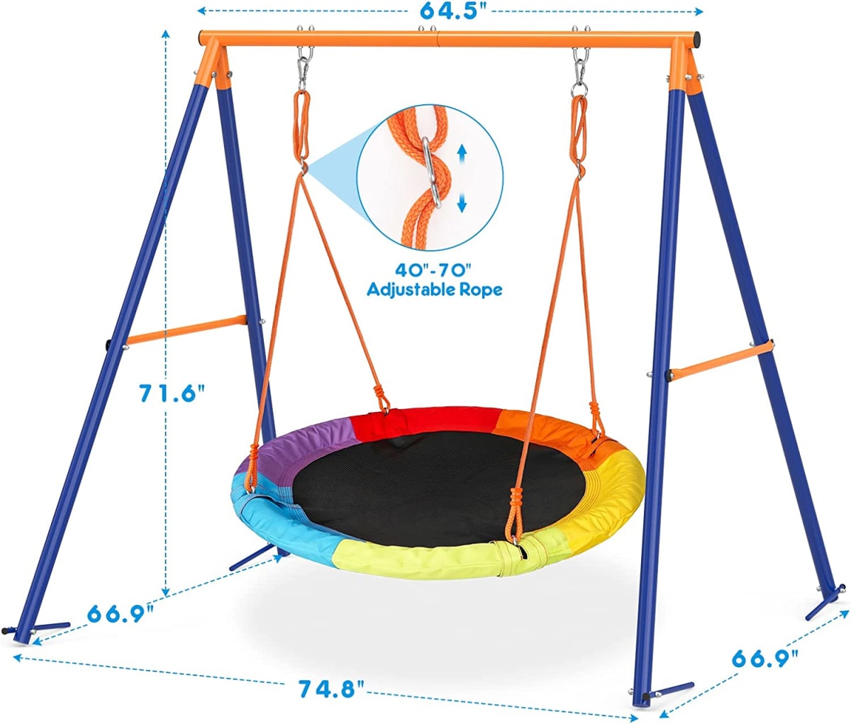 Saucer Swing with Stand for Kids Outdoor, 440lbs Swing Set with Heavy-Duty Metal Frame and Adjustable Ropes, Safe Waterproof Round Swing for Backyard Playground Park, Rainbow Color
