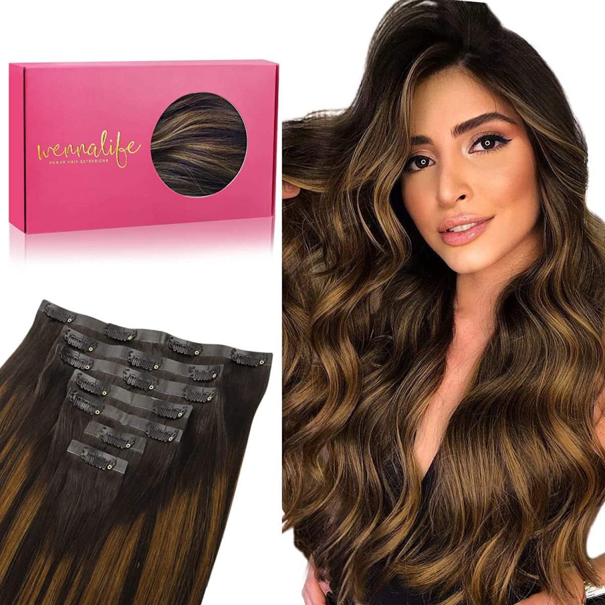 WENNALIFE Seamless Clip In Hair Extensions, 22 Inch 130g 7pcs Balayage Dark Brown to Chestnut Brown Hair Extensions Clip in Human Hair Invisible PU Skin Weft Natural Remy Human Hair Extensions