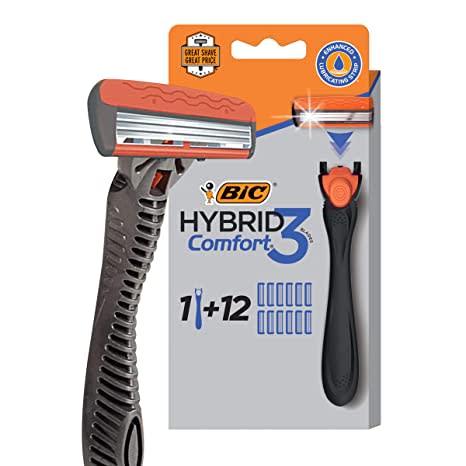 BIC Hybrid 3 Comfort Disposable Razors for Men, 1 Handle and 12 Cartridges With 3 Blades, 13 Piece Razor Kit for Men