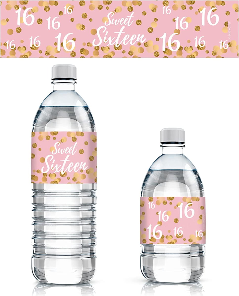Pink and Gold 16th Birthday Sweet Sixteen Party Water Bottle Labels