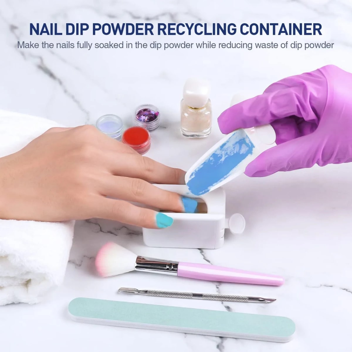 Dip Powder Nail Kit-Portable Nail Dip Powder tray with Scoop, Nail Art Dust Remover Brush, Nail File & Double-ended Nail Pusher