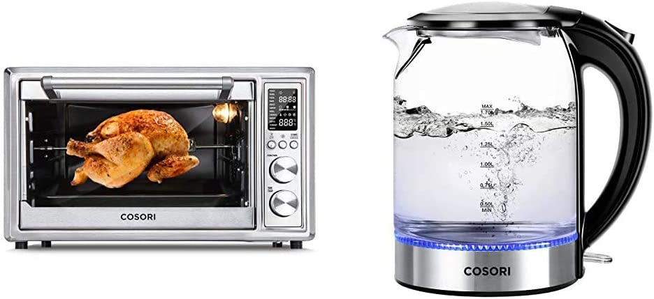 COSORI 12-in-1 Air Fryer Toaster Oven Convection Roaster with Rotisserie & Dehydrator, 30L, Silver & Electric Kettle Glass Boiler Hot Water & Tea Heater with LED Indicator Light