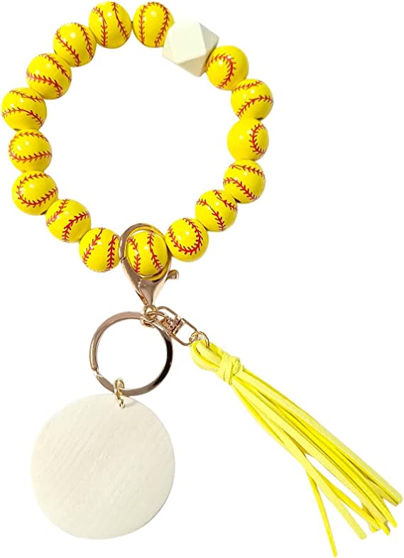 Softball Baseball Charm Keychains Wooden Key Ring Bracelet