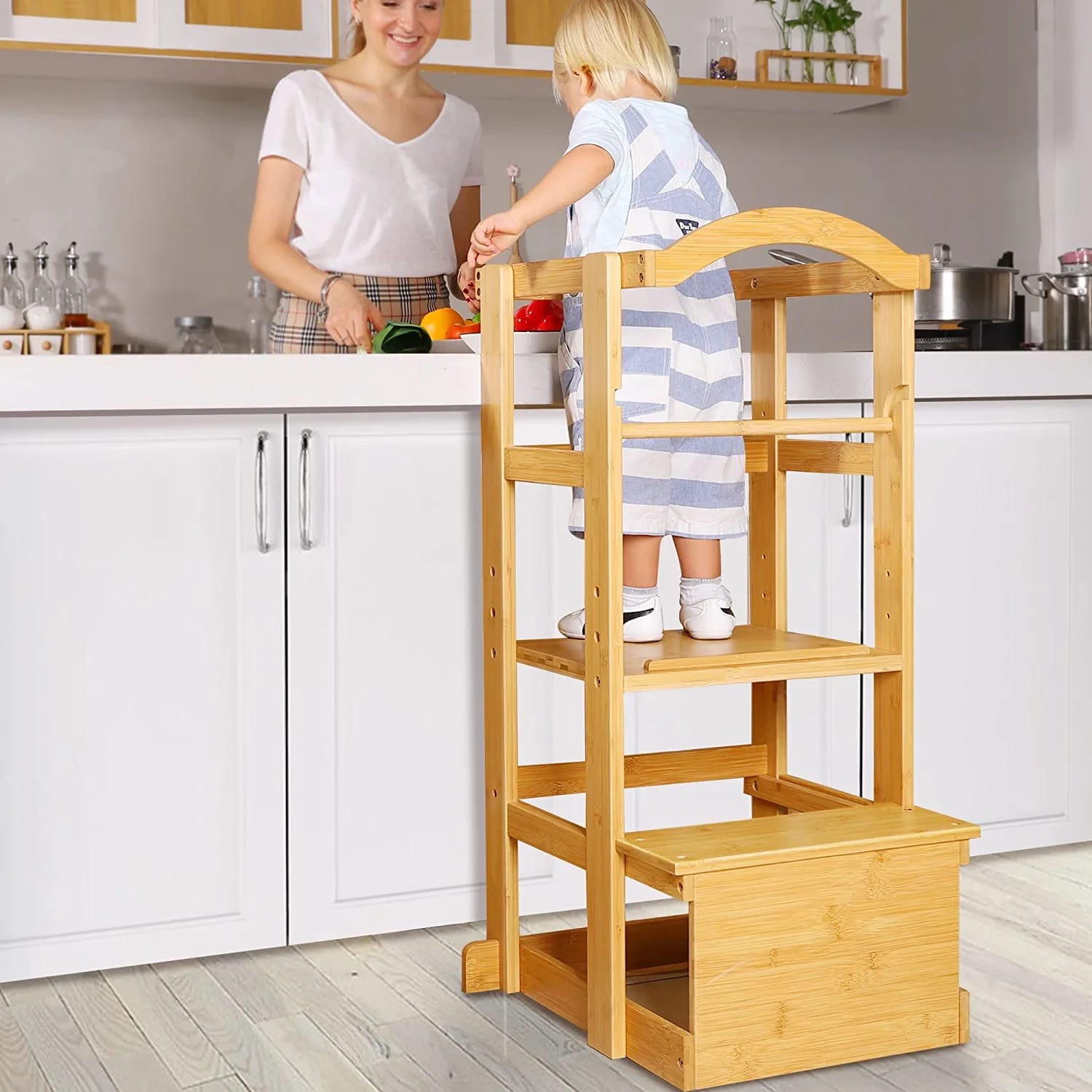 Toddler Standing Tower, Toddler Step Stool With Safety Rail, 3 Heights Adjustable Learning Wide Platform Design Stool Kids