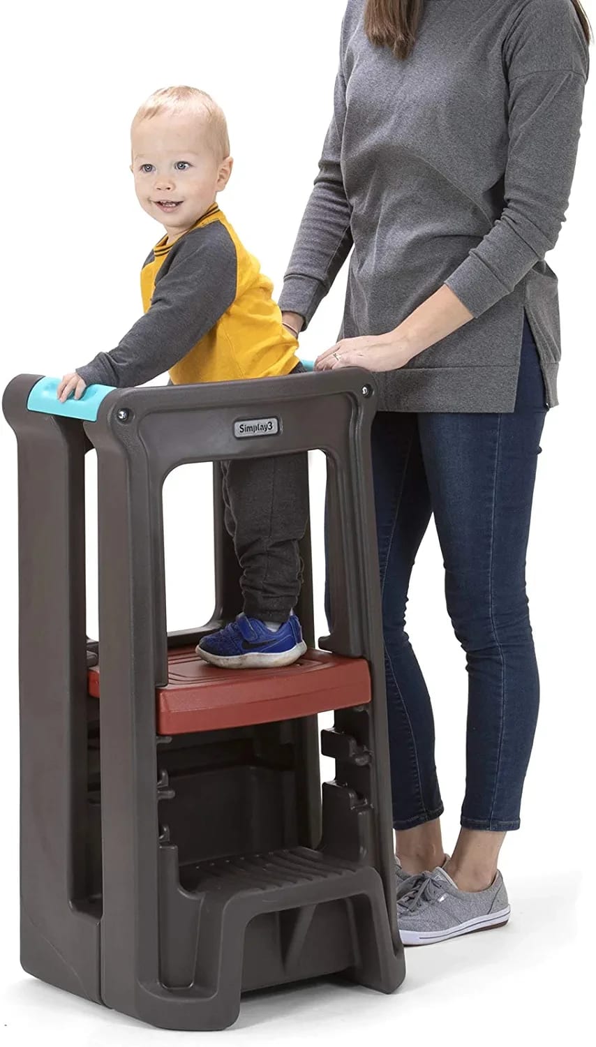 Qaba Kids Kitchen Helper Foldable Step Stool Toddler Kitchen Stool With Blackboard Lockable Handrail 312 058gy~312 058gy